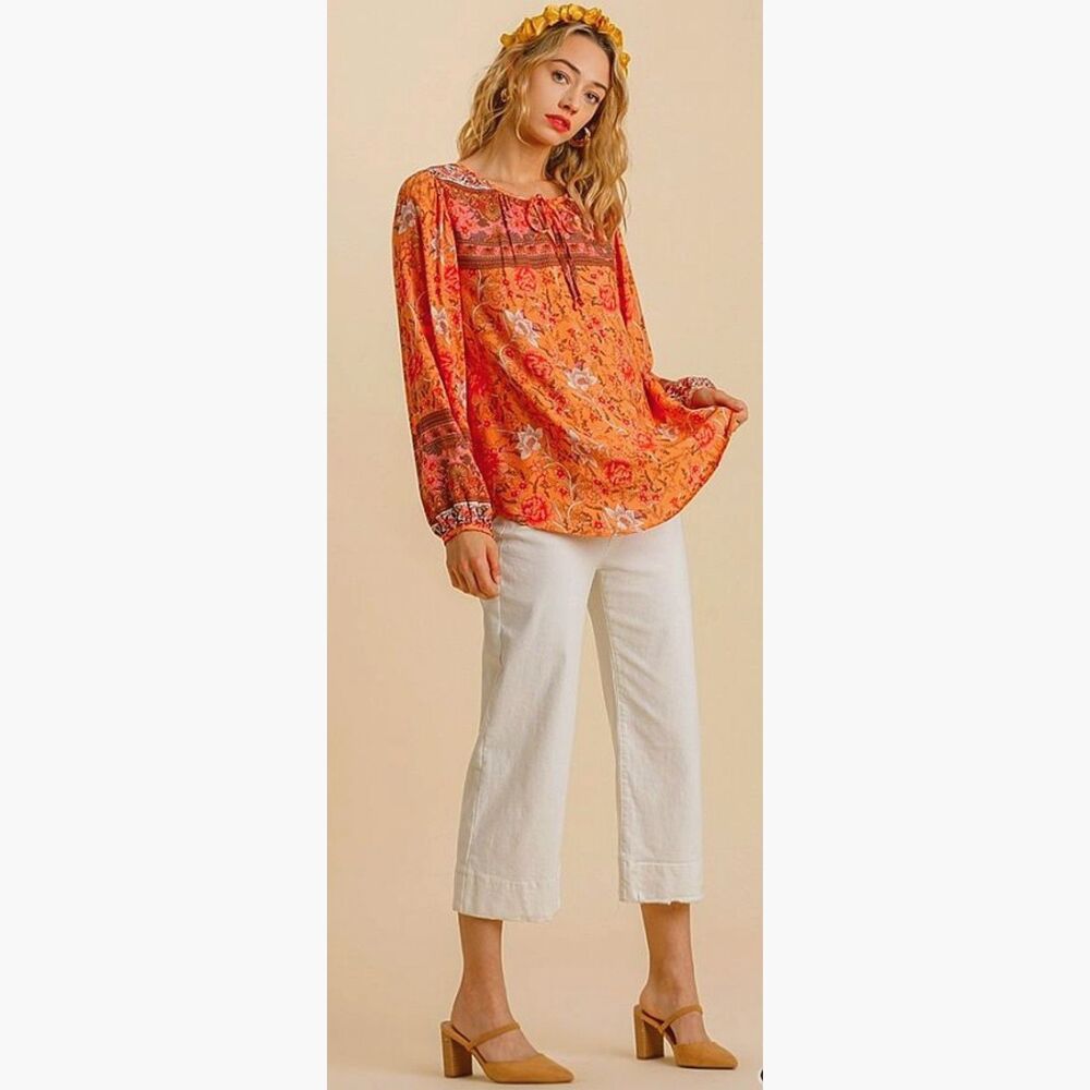 New Umgee M Peach Mixed Floral Border Print Long Puff Sleeve Split Neck Top